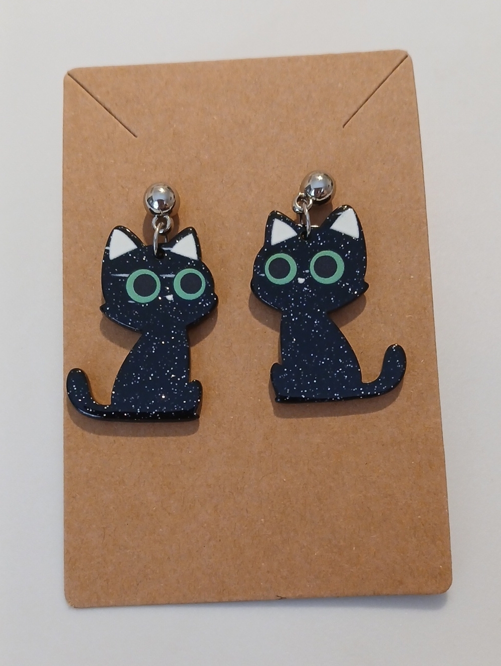 Black Cat Acrylic Drop Earrings with Green Eyes - Pet Lover Jewelry